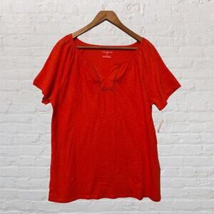 Talbots Women's Plus 1X Orange Embroidered Neckline Short Sleeve Knit Top Tee